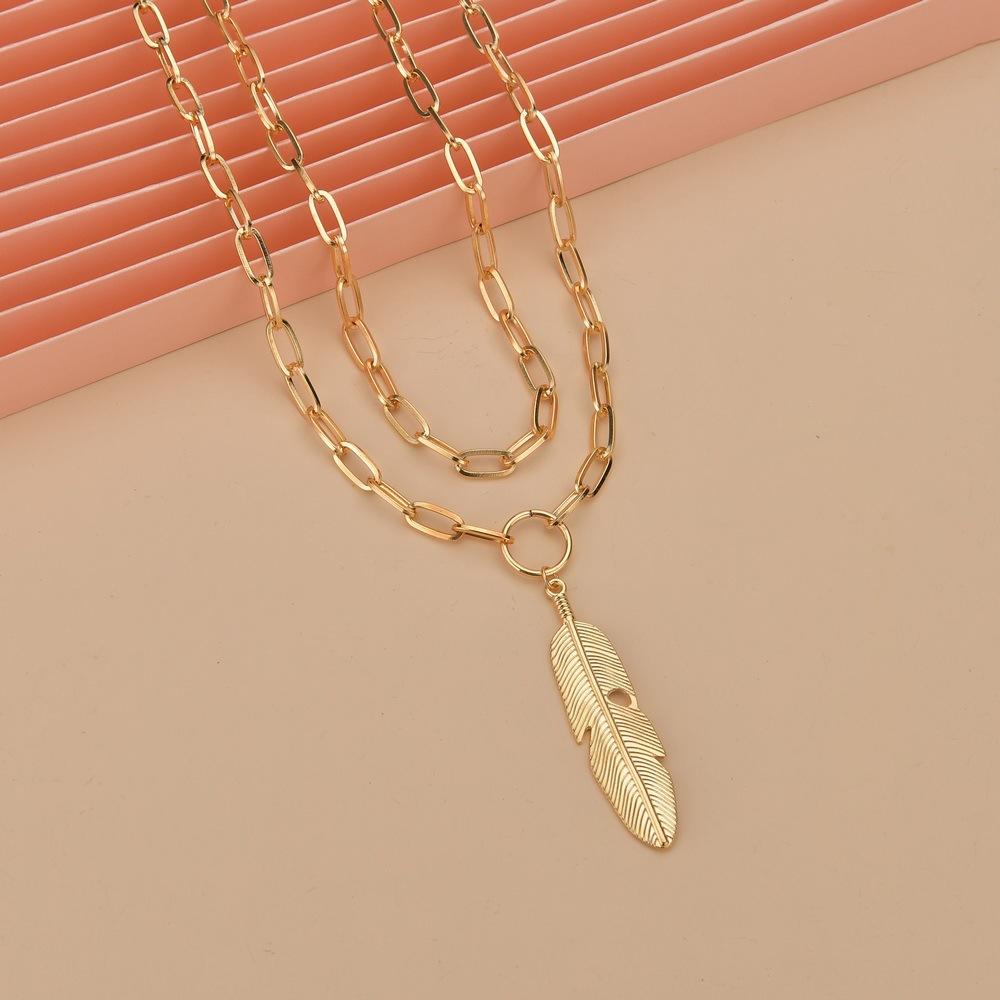 Jewelry Gold Chain Alloy Leaf Iron Circle Pendant Double Layer Necklace