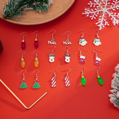 Creative dripping oil color light bulb snowman candy Christmas earrings sweet cool letters Christmas tree snowman earrings female