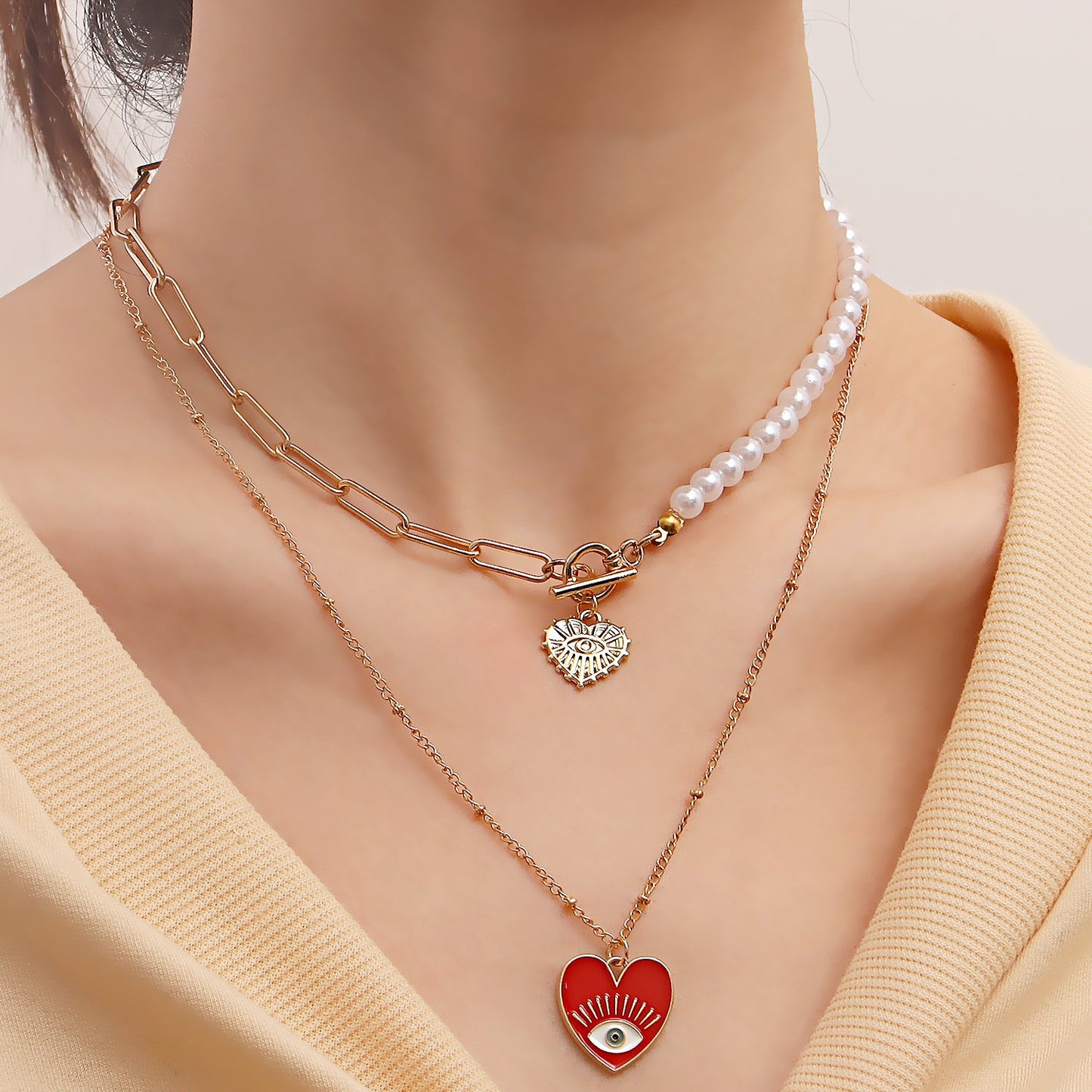 Jewelry Simple Acrylic Devil's Eye Stitching Clavicle Chain Retro Imitation Pearl Beaded Necklace