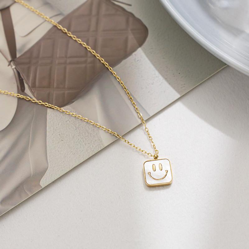 Titanium steel white mother-of-pearl smiling face square necklace female niche design simple and versatile accessories high-end collarbone chain