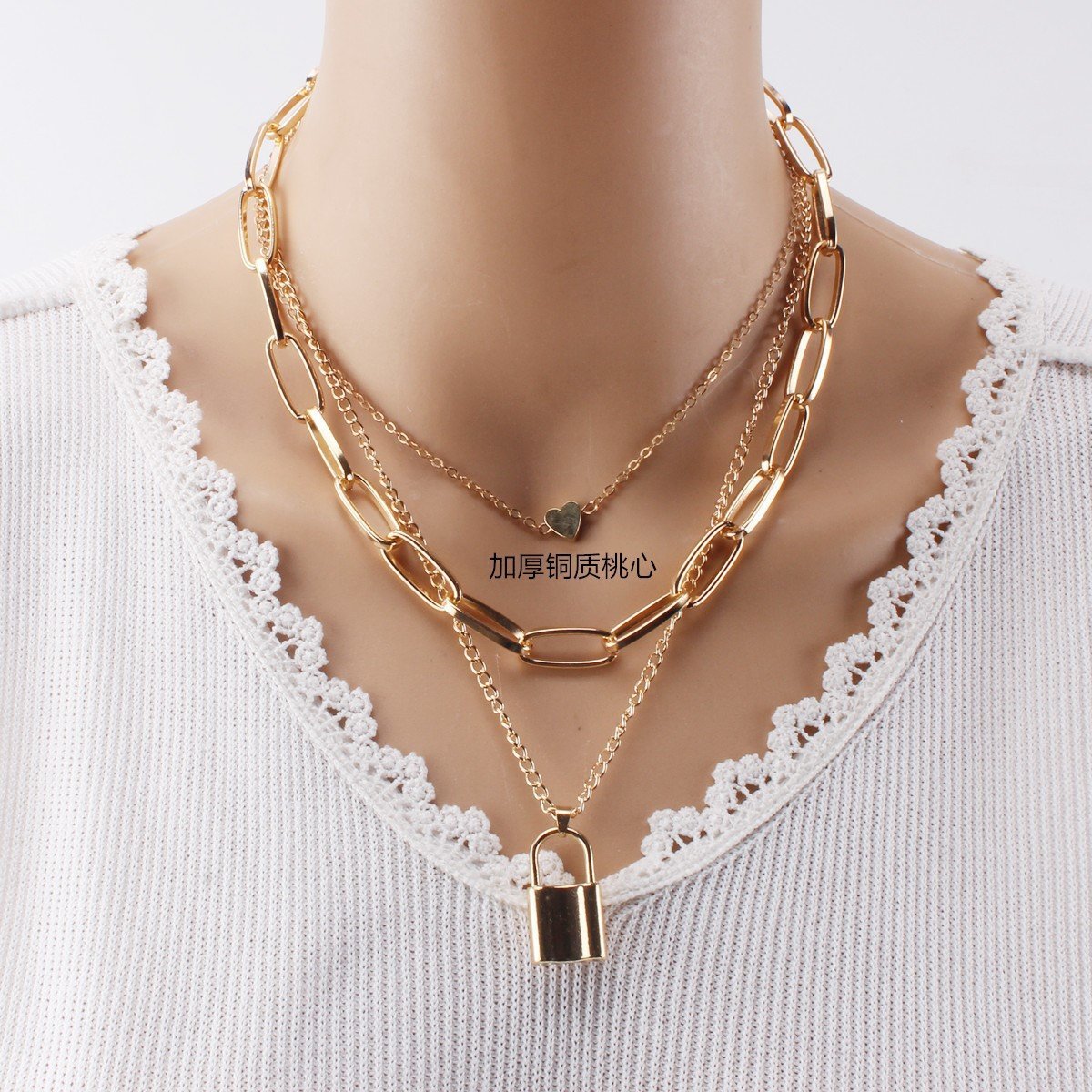 Jewelry Personality Punk Geometric Necklace Sweater Chain Female Simple Lock Shape Multilayer Peach Heart Necklace Female