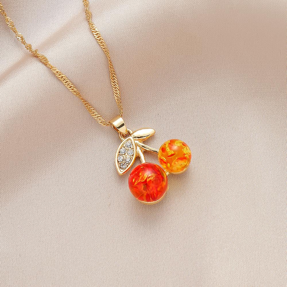 Sweet cool cherry pendant necklace women's trendy sweater chain niche design simple resin ball clavicle chain