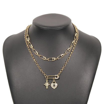N8838 Jewelry paper clip love full of diamond temperament necklace female creative double-layer trendy necklace