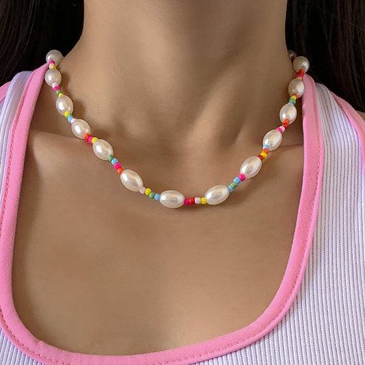 Jewelry Sweet Cool Color Rice Bead Necklace Temperament Simple Imitation Pearl Beaded Necklace Women