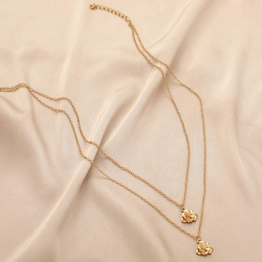 Retro Simple Fashion Camellia Pendant Necklace Double Stacked Cross Chain Ladies Jewelry