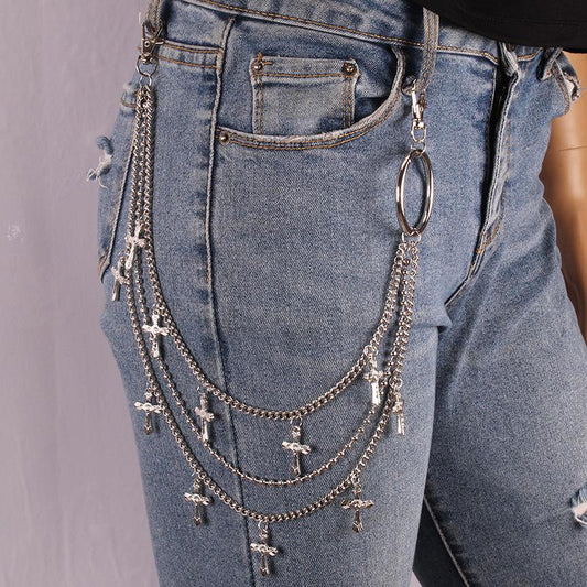 Hip-hop fashion metal multi-layer cross hanging buckle chain street trend personality pants matching