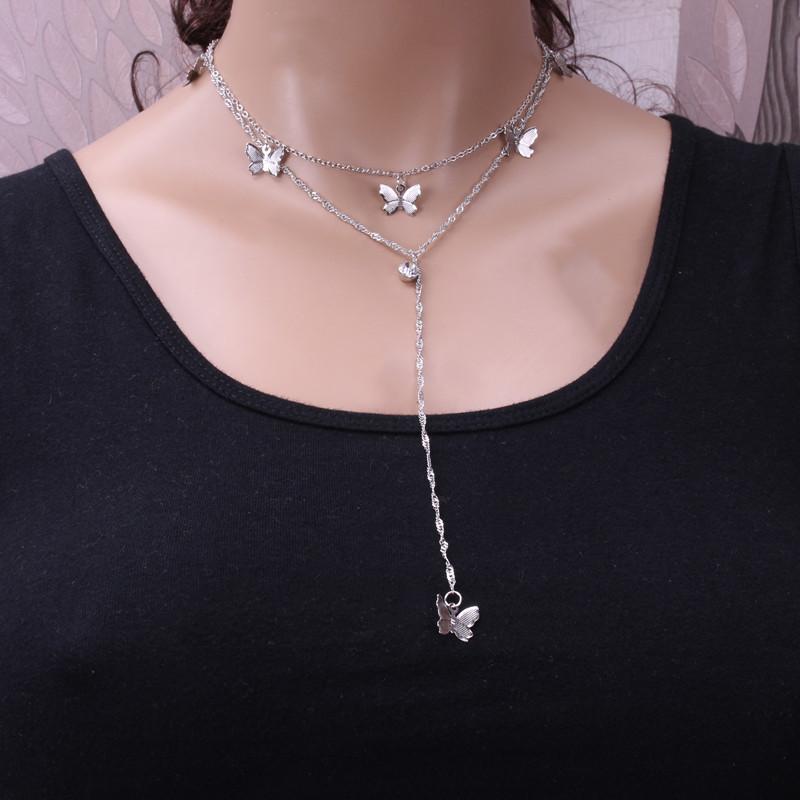 Jewelry Fashion Double Layer Alloy Butterfly Pendant Necklace Feminine Tassel Rhinestone Long Pendant