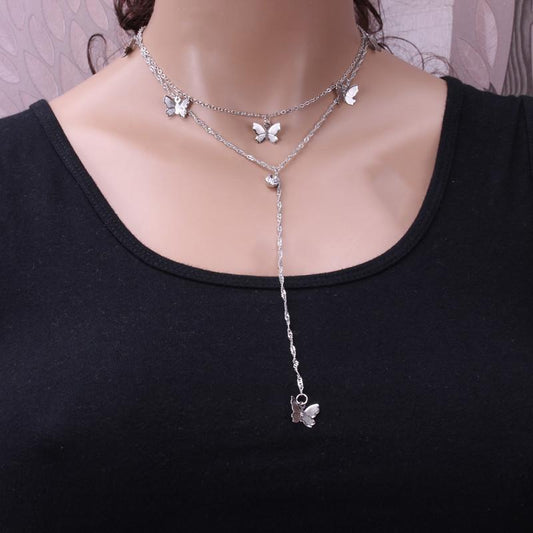 Jewelry Fashion Double Layer Alloy Butterfly Pendant Necklace Feminine Tassel Rhinestone Long Pendant