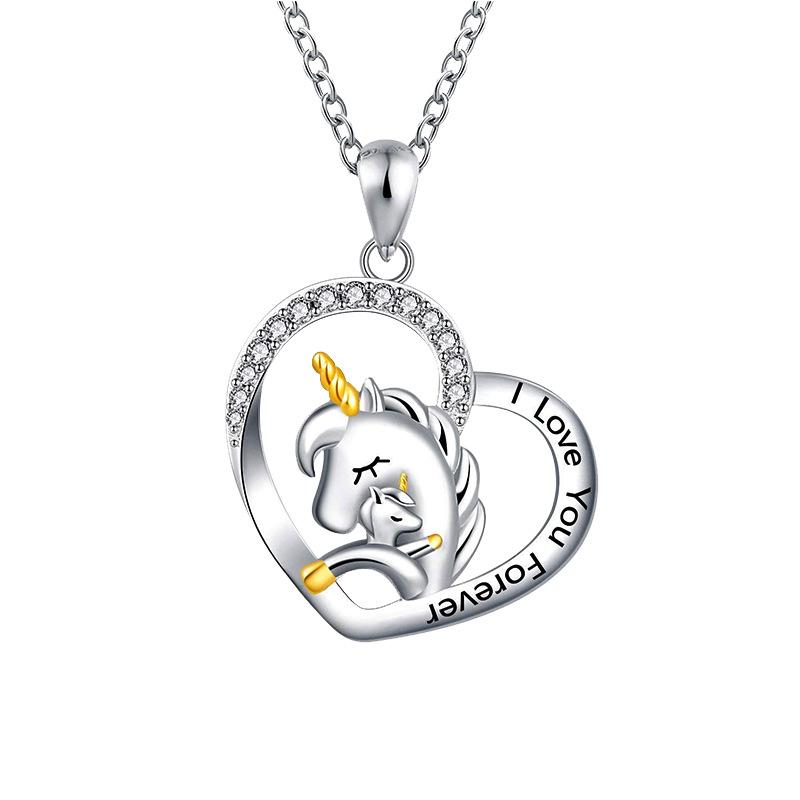 Love-shaped mother-child unicorn diamond lettering necklace female niche design pendant accessories