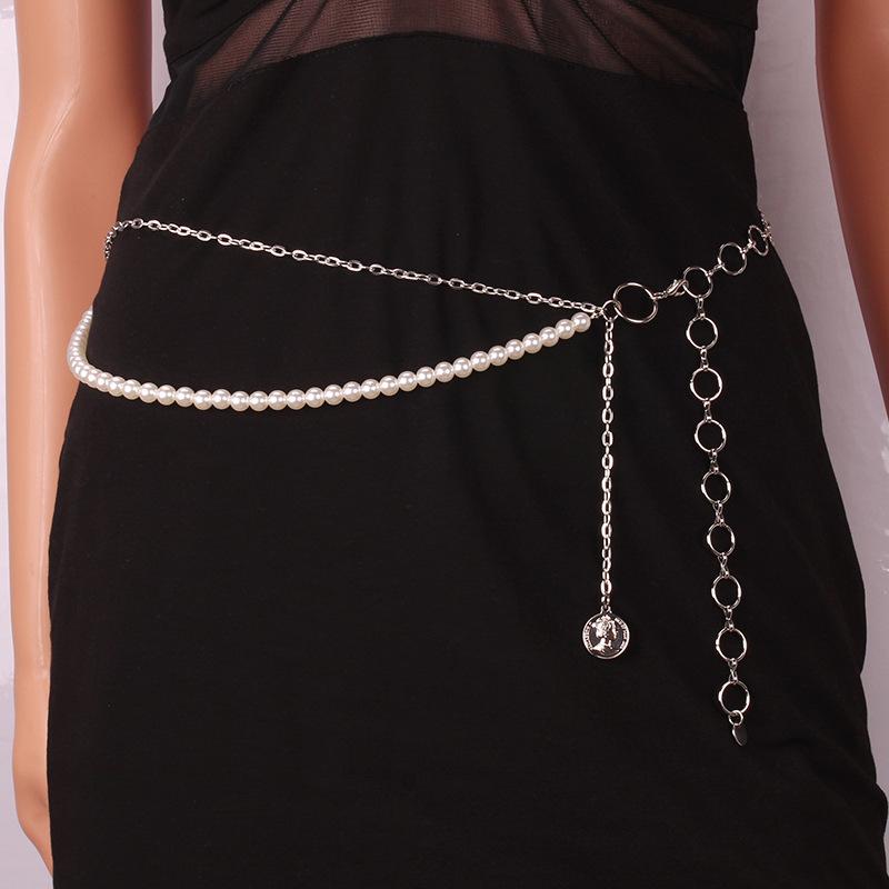 Sexy pure desire pearl double waist chain female fashion trend ins portrait metal chain ring body chain