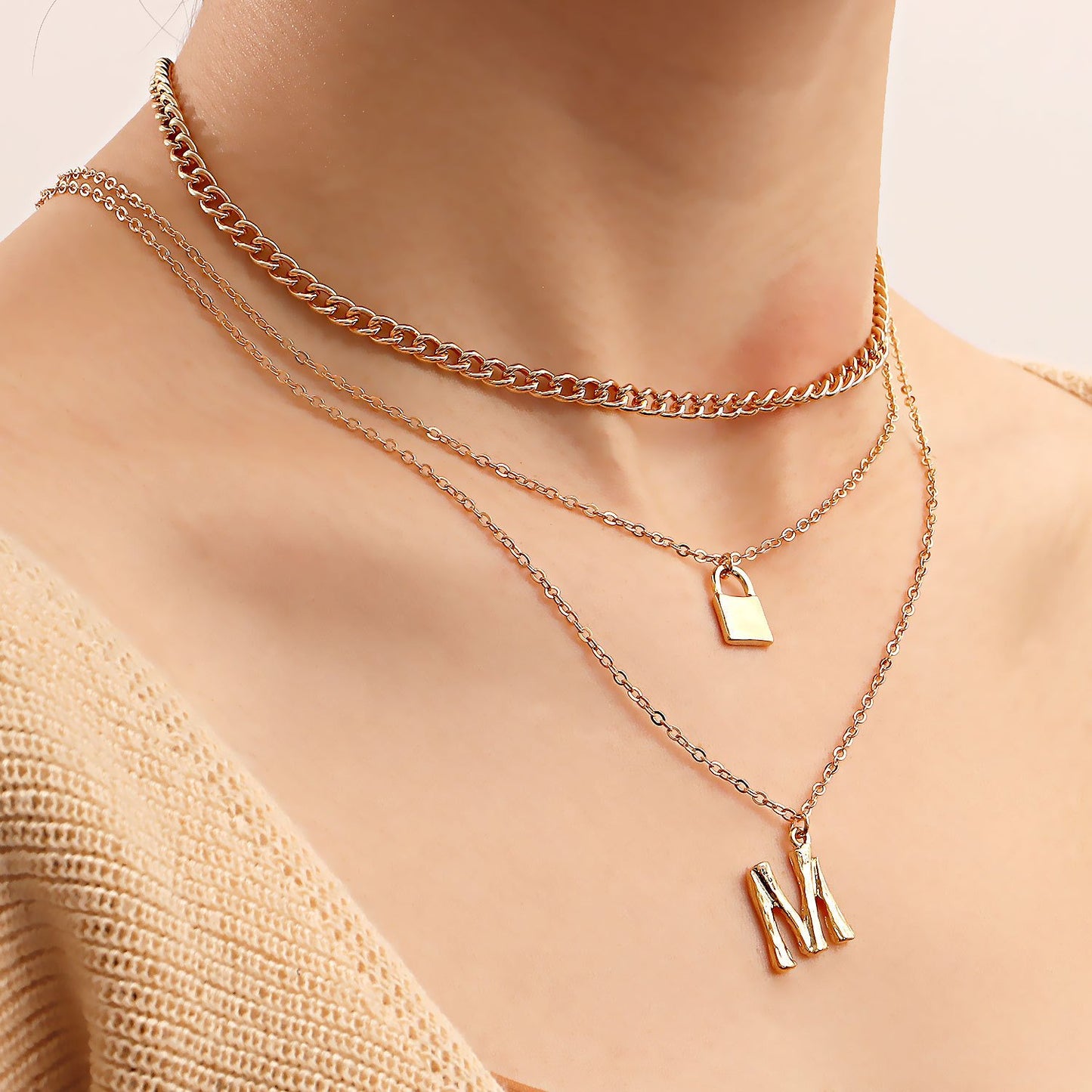 Explosive multi-layer necklace female fashion letter M pendant necklace multi-layer personalized padlock accessories