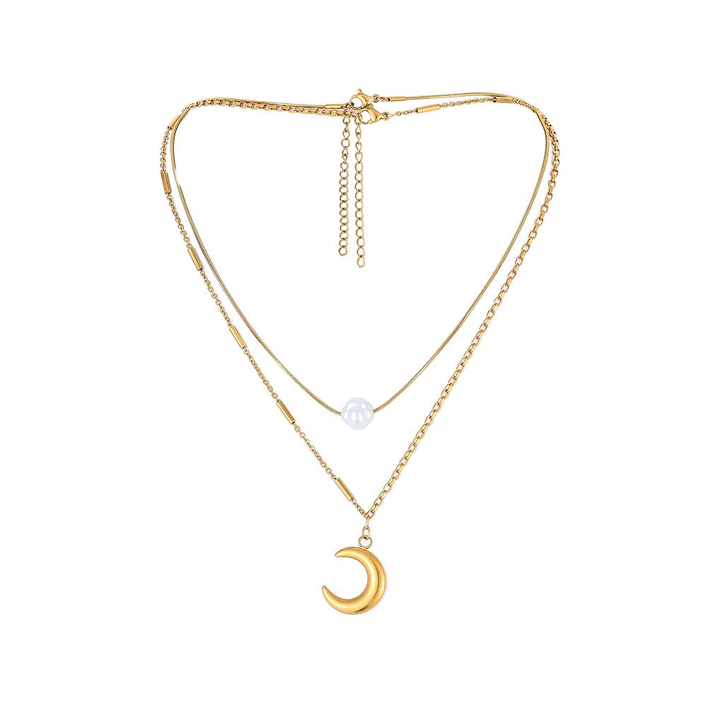Titanium Steel Real Gold Simple Moon Stainless Steel Pendant Personality Pearl Double Layer Necklace Jewelry Women