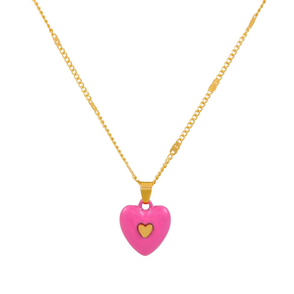 Fashion enamel dripping oil double love necklace French light luxury inlaid peach heart pendant clavicle chain simple necklace