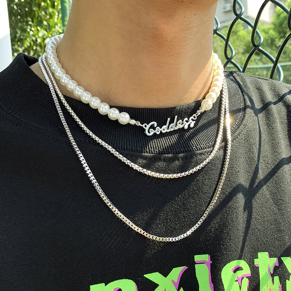 Jewelry Fashion Pearl Chain Men's Necklace Trendy Hip Hop Personality Metal Letter Necklace Set
