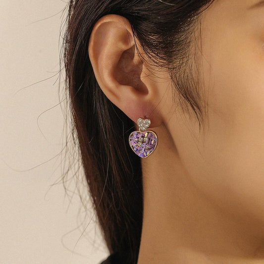 Purple Heart Earrings Full of Diamonds Elegant Peach Heart Pendant Versatile Earrings Jewelry