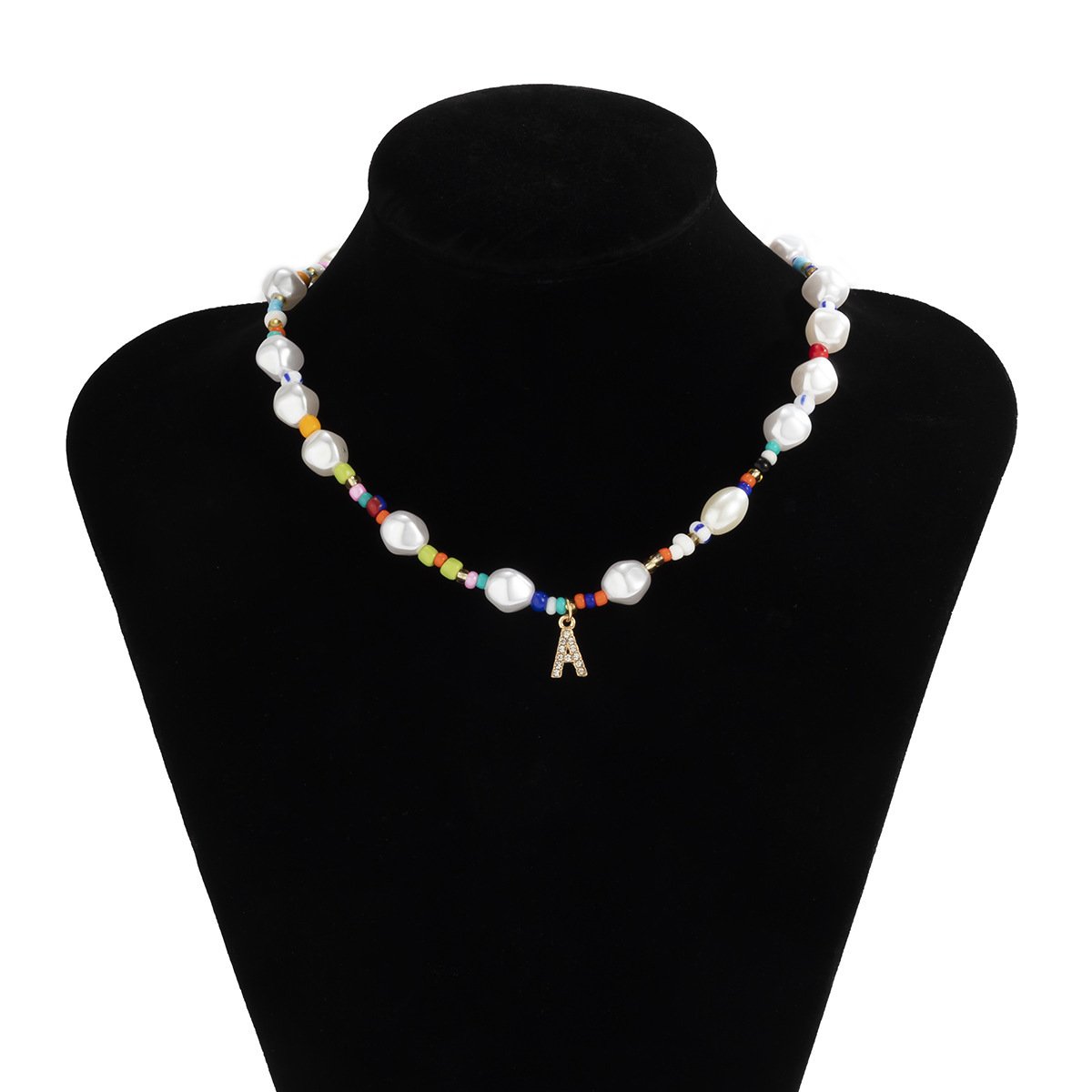 Jewelry simple retro imitation pearl rice bead necklace sweet cool diamond letter A pendant necklace