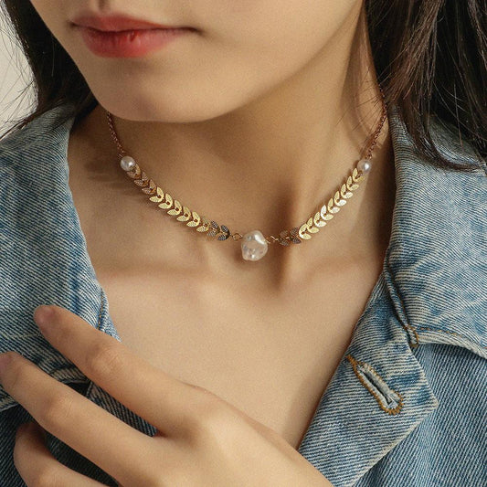 Stainless steel wheat ear leaf chain Baroque special-shaped pearl necklace temperament short collarbone chain