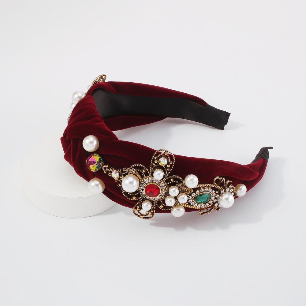 F357 wide-brimmed headband women's golden velvet knotted light luxury headband retro creative pearl hair accessories