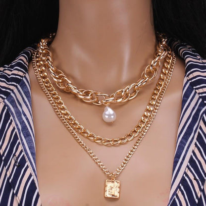 Frosty Creative Portrait Coin Metal Design Net Red Clavicle Chain Geometric Imitation Pearl Pendant Necklace