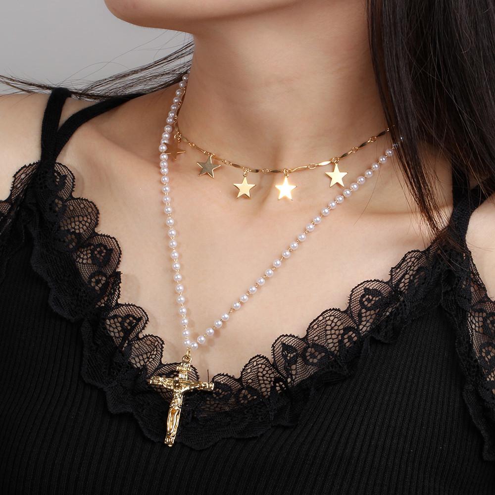 Ins personality bright five-pointed star necklace creative cross pendant temperament pearl fashion double layer necklace