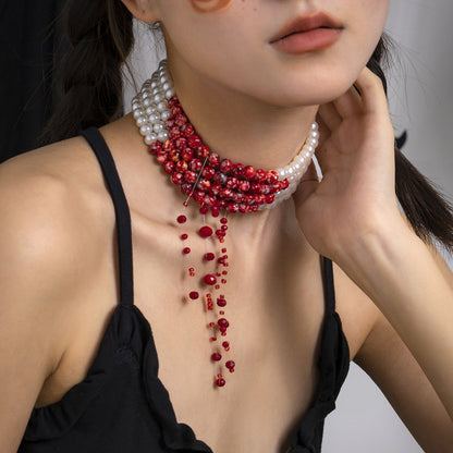 Jewelry Gothic Pearl Necklace Choker Creative Halloween Blood Drop Tassel Clavicle Necklace