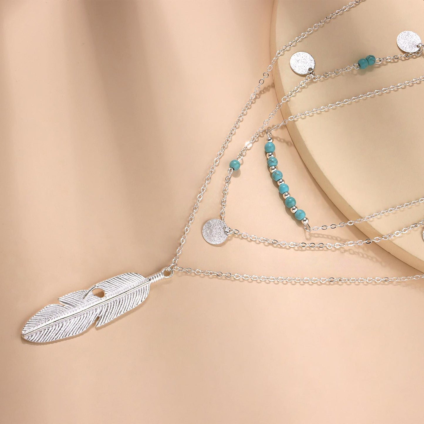 Jewelry Fashion Feather Turquoise Bead Sequin Multilayer Necklace Women's Street Shoot