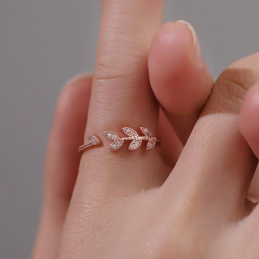 Small fresh open ring female art student index finger joint ring simple tree leaf zircon single ring