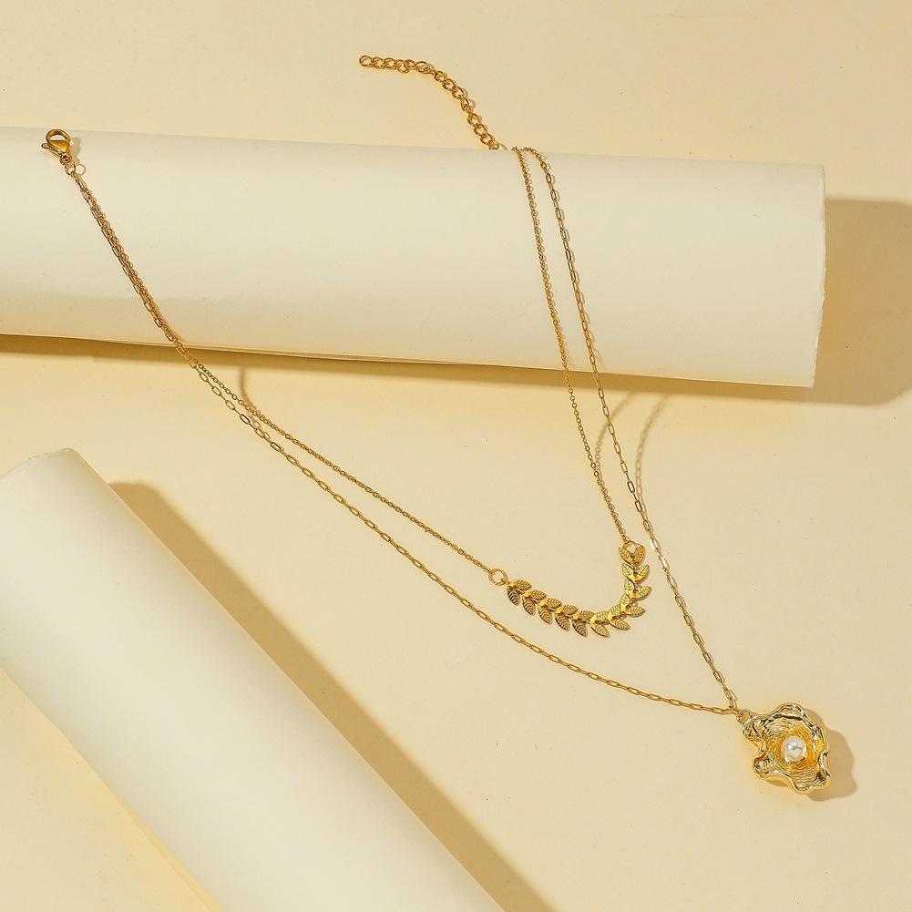Fashionable Titanium Steel Gold-plated Baroque Pearl Shell Pendant Elegant Small Fragrant Wheat Ears Double Layer Necklace