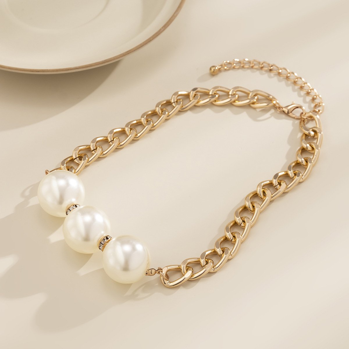 Jewelry Trend Geometric Thick Chain Hip-Hop Necklace Niche Personality Imitation Pearl Rhinestone Clavicle Chain