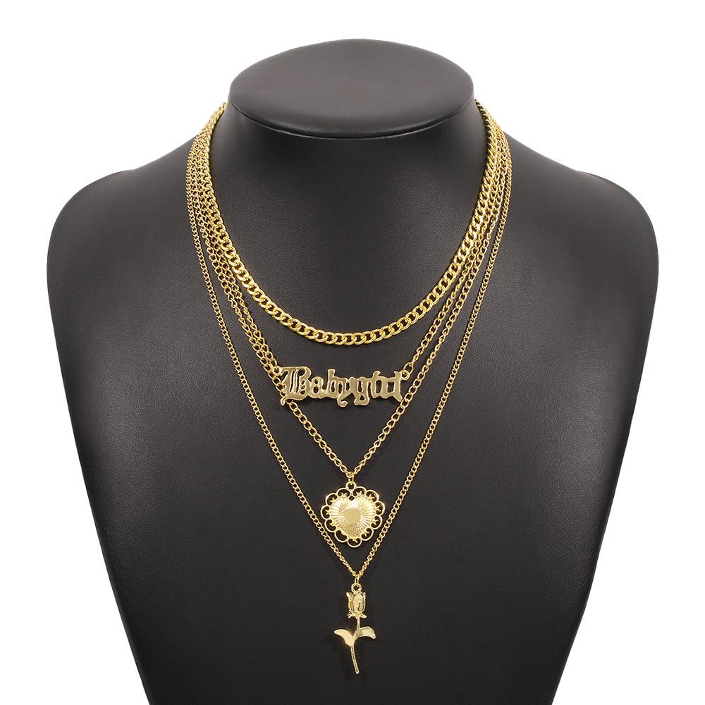 N9331 Retro Stacked Necklace Temperament Rose Alphabet Multilayer Necklace Personality Trend Alloy Necklace