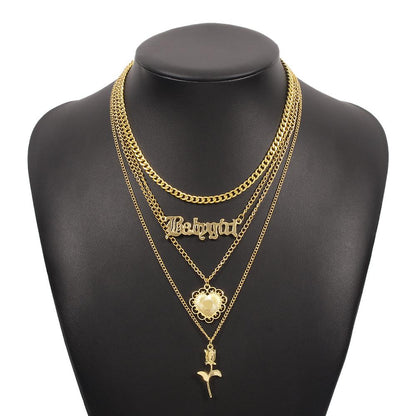 N9331 Retro Stacked Necklace Temperament Rose Alphabet Multilayer Necklace Personality Trend Alloy Necklace