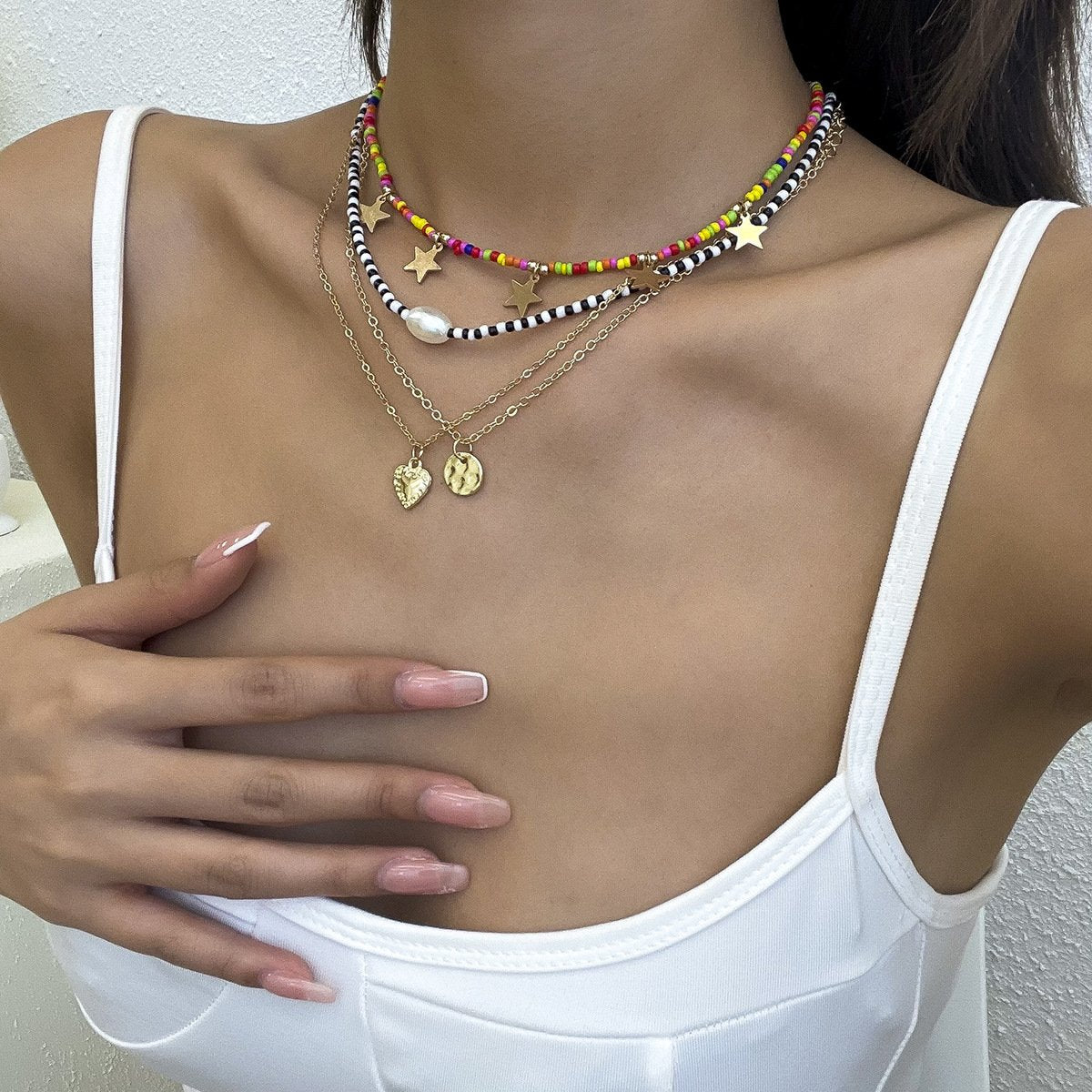 Beach Vacation Colorful Rice Beads Beaded Necklace Female Hip Hop Peach Heart Star Pearl Clavicle Necklace