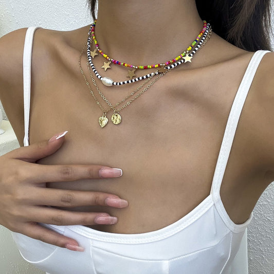Beach Vacation Colorful Rice Beads Beaded Necklace Female Hip Hop Peach Heart Star Pearl Clavicle Necklace