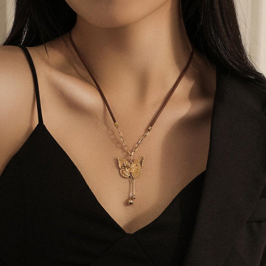 Creative Mori Butterfly Bead Pendant Necklace Fashion Wool Mix and Match Metal Jewelry