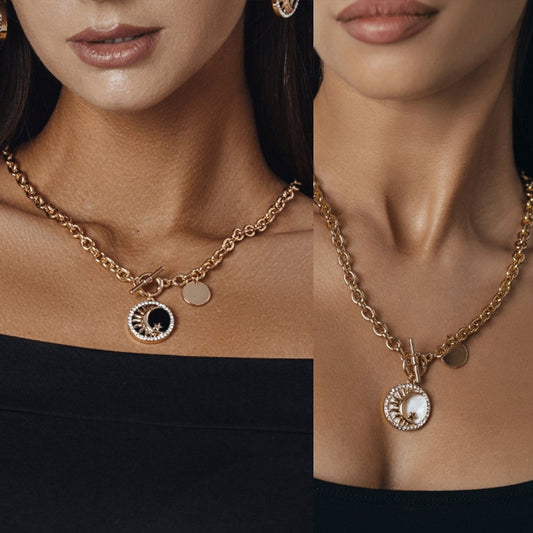 Jewelry geometric thick aluminum chain crescent black and white mother-of-pearl pendant necklace female autumn and winter all-match sweater chain