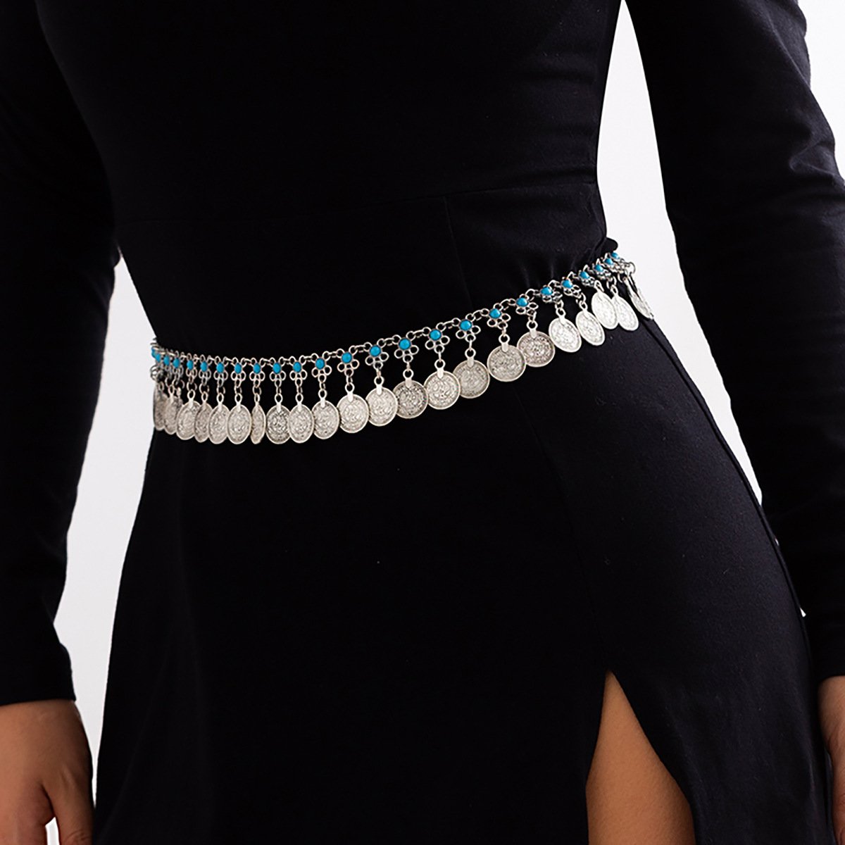 Retro Metal Coin Tassel Ethnic Body Chain Women's Trendy Cold Small Flower Micro-Inlaid Turquoise Waist Chain