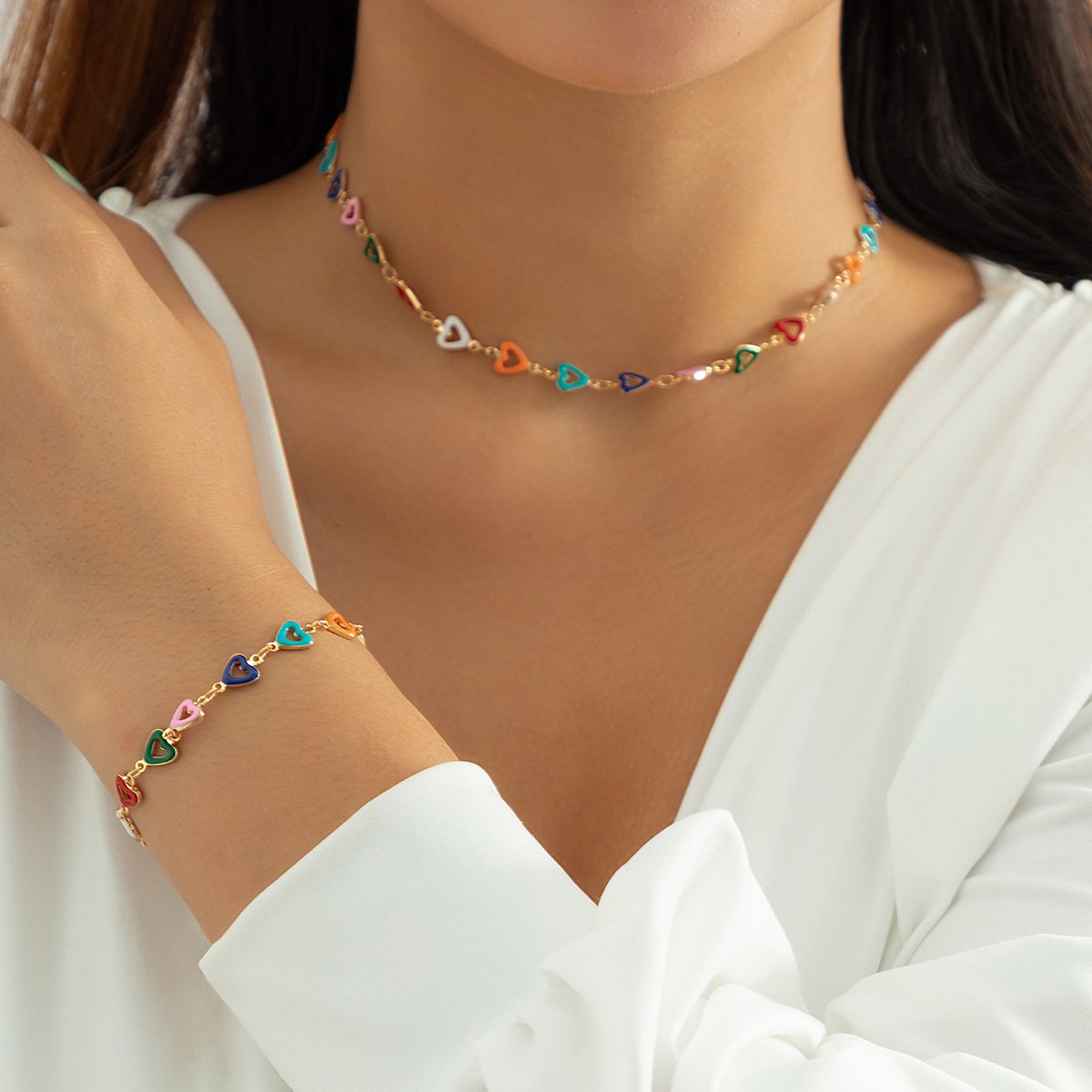 Jewelry Sweet Color Drop Nectarine Heart Necklace Female Simple Metal Chain Clavicle Necklace