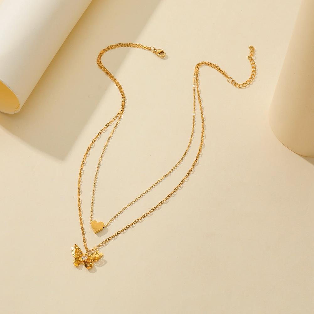 Ins niche light luxury titanium steel gold-plated double-layer necklace three-dimensional butterfly love pendant collarbone necklace
