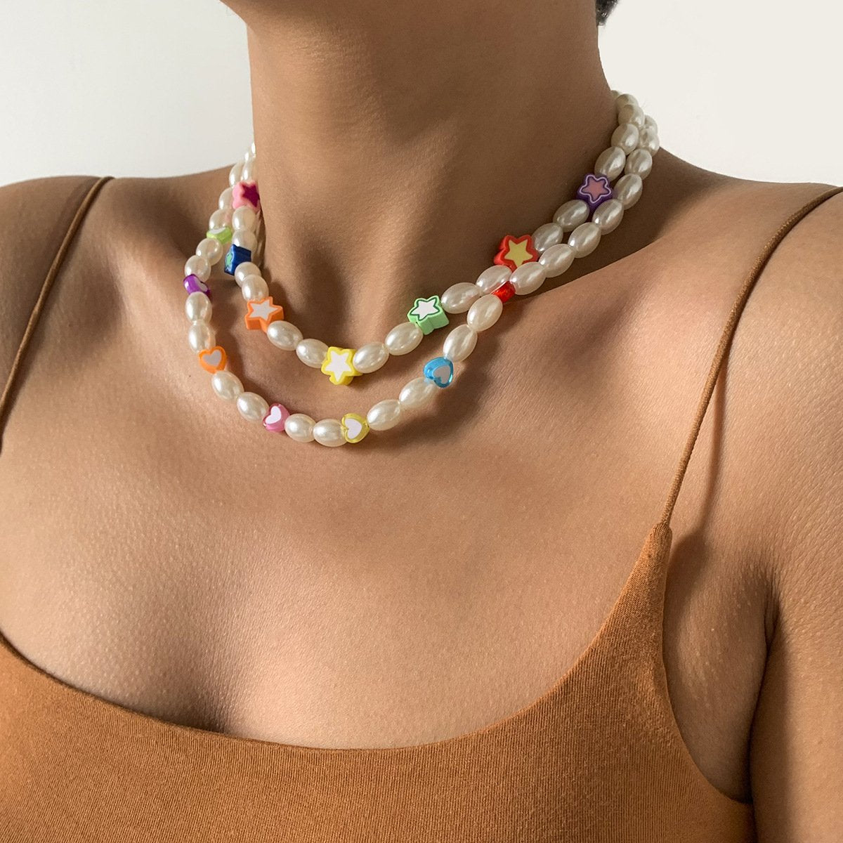 Jewelry Temperament Simple Imitation Pearl Clavicle Necklace Retro Color Peach Heart Star Clavicle Necklace