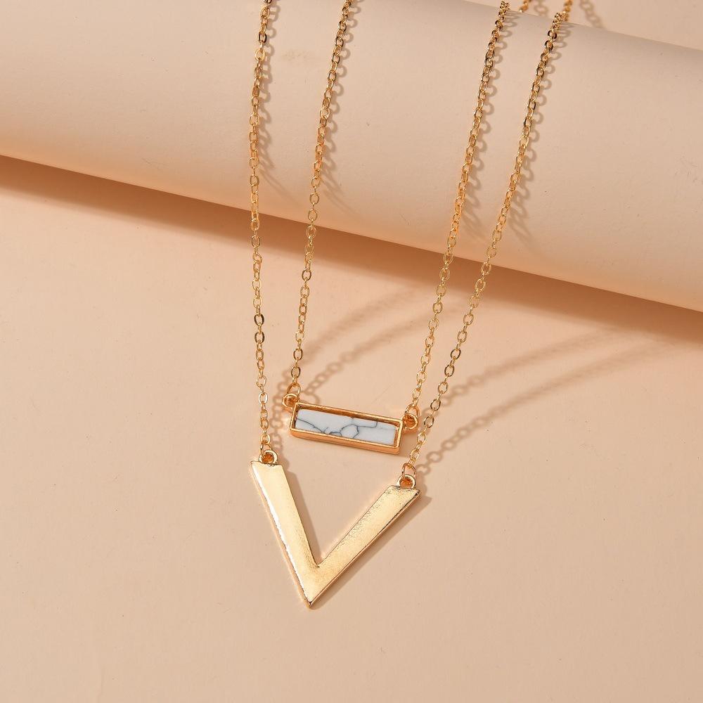 Turquoise pendant necklace V-shaped alloy double-layer clavicle chain jewelry
