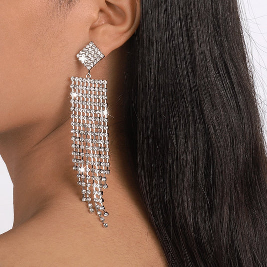 E1738 Jewelry Long Rhinestone Tassel Exaggerated Earrings Personality Temperament Internet Celebrity Earrings Female
