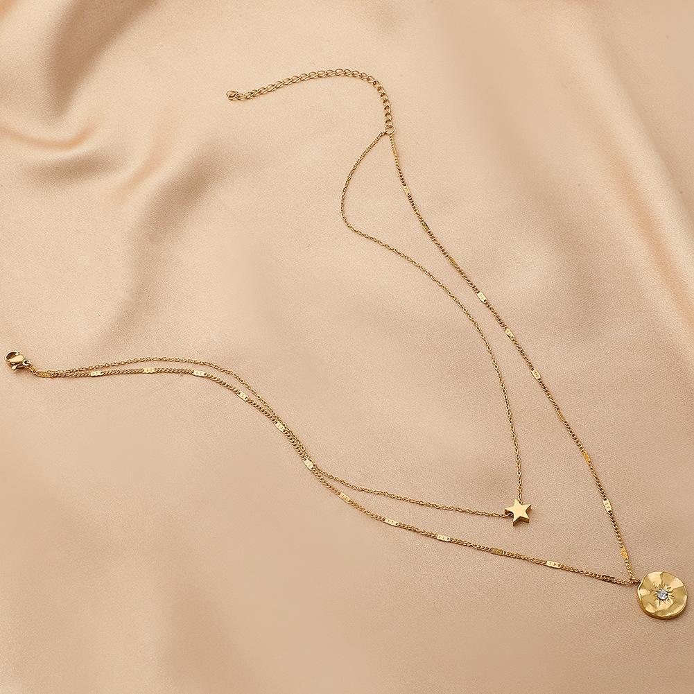 Fashionable Double Layer Stainless Steel Golden Pentagram Coin Sun Pendant Titanium Steel Clavicle Necklace For Women