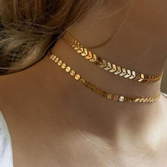 European simple double layered bohemian layered necklace fishbone armband aircraft chain disc sequin necklace