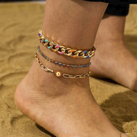 Personalized fashion multi-layer eyes diamond-encrusted rainbow dripping oil anklet trendy stacked foot jewelry women