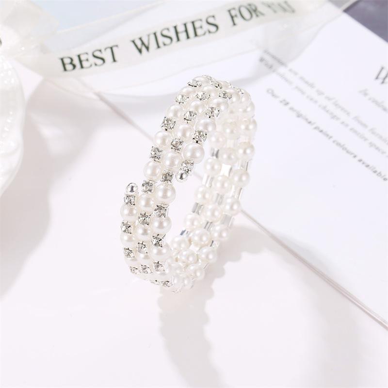 Jewelry sweet full diamond spring bracelet three layers of pearl winding spiral bracelet bridal jewelry