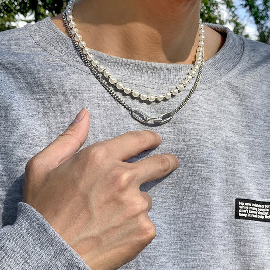 Jewelry Hip Hop Retro Imitation Pearl Men's Necklace Trendy Cool Street Shot Geometric Metal Chain Necklace