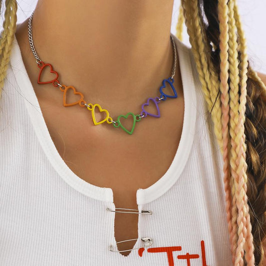 Jewelry Set Imitation Pearl Chain Necklace Punk Colorful Heart Cutout Alphabet Pendant Necklace