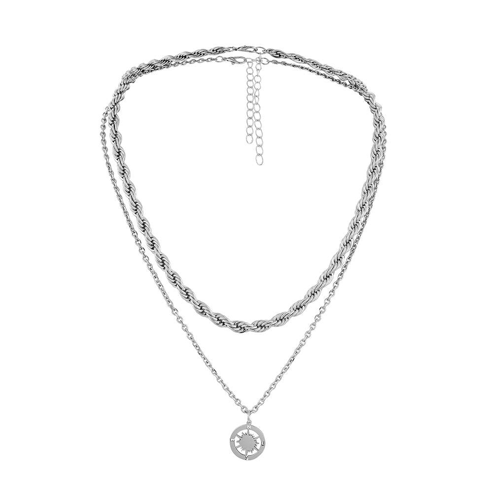 Light luxury niche titanium steel necklace male ins indifferent compass street clavicle chain double tide twist chain