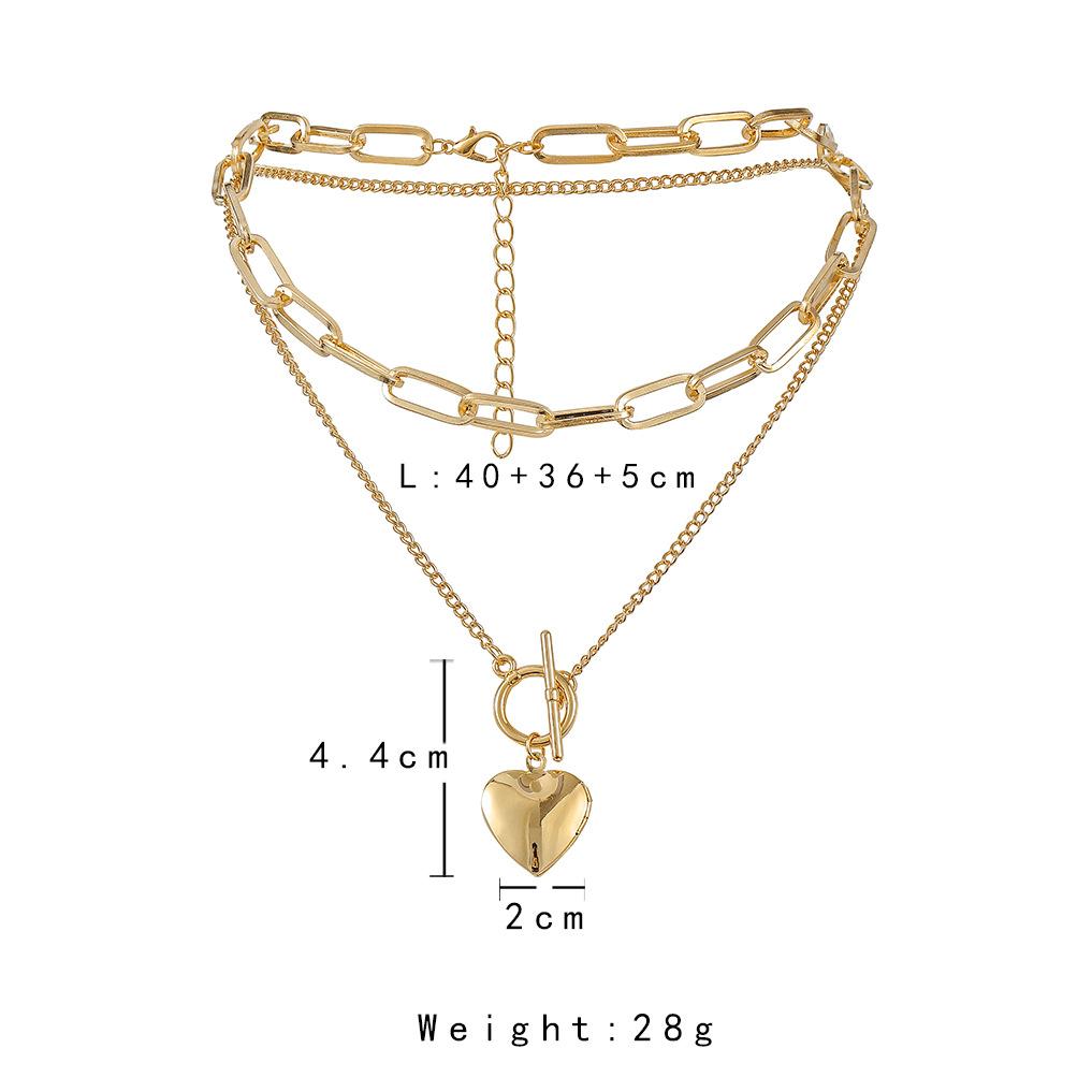 Jewelry ins personality heart-shaped pendant fashion metal exaggerated thick chain OT buckle multi-layer necklace