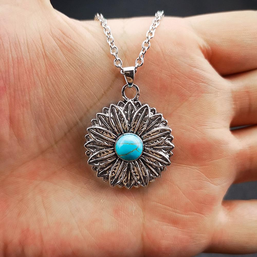 Jewelry Blue Turquoise Sunflower Pendant Necklace Women Vintage Boho Flower Jewelry